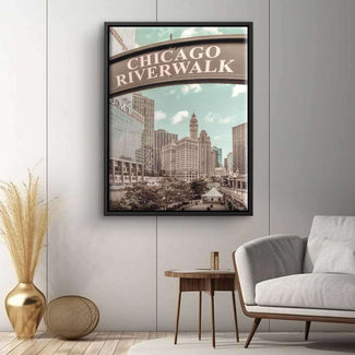 Wandbild Chicago Riverwalk im Vintage-Stil, Skyline Kunstbild im modernen Wohnzimmer