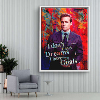 Modernes Wandbild mit Mann im Anzug, bunte Pop Art, Motivationsspruch "I don't have Dreams I have Goals" im Wohnzimmer