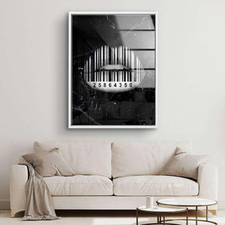 Modernes Wandbild mit Barcode-Lippen in Schwarz-Weiß über einem Sofa, Kunst Wohnzimmer