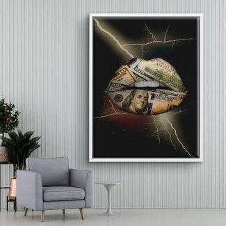 Modernes Wandbild mit Lippen aus US-Dollar-Scheinen, Blitzeffekt, Wohnzimmerdeko