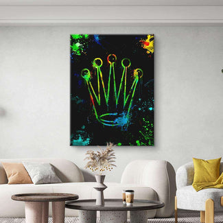 Modernes Wandbild mit bunter Krone auf schwarzem Hintergrund, Wohnzimmer Dekoration