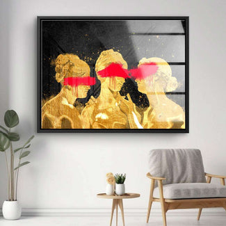 Modernes Wandbild mit drei goldenen Frauenfiguren und pinken Balken auf dunklem Hintergrund