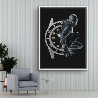 Modernes Wandbild mit abstrakter Figur in schwarzem Anzug vor einer großen, detailreichen Uhr.