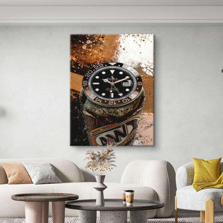 Modernes Wandbild mit Uhr und Getränkedose im Pop Art Stil in Wohnzimmer