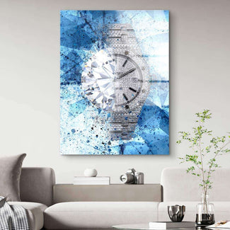Modernes Wandbild mit funkelnder Diamantuhr auf blauem abstraktem Hintergrund im Wohnzimmer