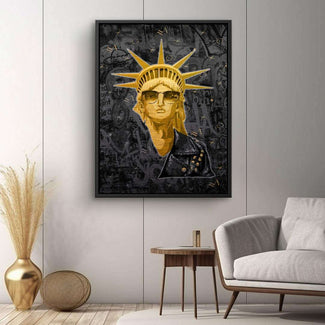 Modernes Wandbild mit goldener Freiheitsstatue im Pop Art Stil und Lederjacke, urbanes Kunstmotiv