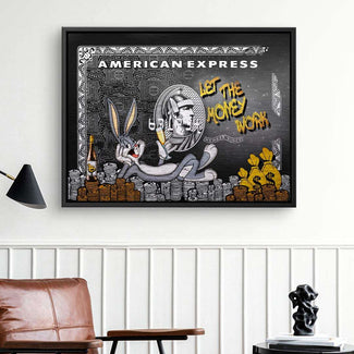 Pop Art Wandbild mit Cartoon-Hase, Geldscheinen, Münzen und Graffiti-Text Let the Money Work