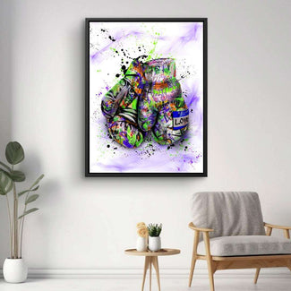 Buntes Wandbild mit Boxhandschuhen im Graffiti-Stil, moderne Wohnzimmer-Dekoration.