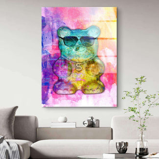 Pop Art Wandbild mit buntem Bär, Sonnenbrille und Dollar-Kette im modernen Wohnzimmer