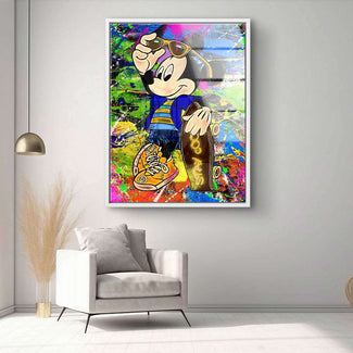 Modernes Pop Art Wandbild mit Comic-Maus und Skateboard in buntem Splatterspray-Design