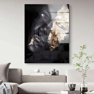 Modernes Wandbild mit abstraktem Porträt, schwarz-gold, Leinwand Kunst im Wohnzimmer