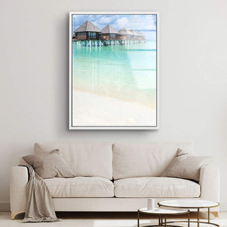 Modernes Wandbild mit Overwater-Bungalows am türkisfarbenen Meer, Wohnzimmer-Deko