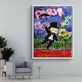 Pop Art Wandbild mit Comicfigur, Geldbeutel, Regenschirm und Eiffelturm vor Paris-Schriftzug