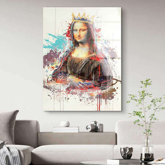 Modernes Wandbild mit Mona Lisa, bunte Farbspritzer und goldene Krone, Wohnzimmerdeko