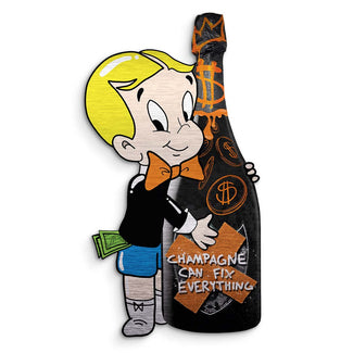 Pop Art Wandbild Junge mit Fliege und Champagnerflasche, Aufschrift 'Champagne Can Fix Everything'