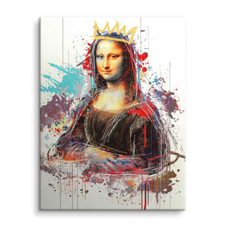 Buntes XXL Wandbild auf Leinwand mit Mona Lisa, Pop Art Stil und Farbspritzern, goldene Krone