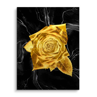 Goldene Rose als Wandbild auf schwarzem Hintergrund, modernes Kunstbild, Metall-Effekt