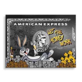 Comic Motivationsbild mit Bugs Bunny, Geldstapel, goldenen Säcken und American Express Karte