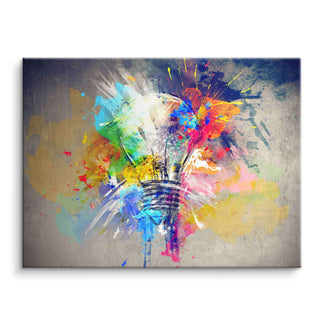 Bunte Leinwand mit abstrakter Glühbirne und farbenfrohen Spritzern, modernes Wandbild