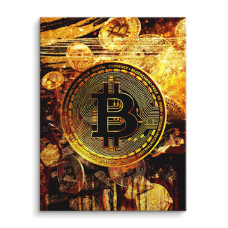 Motivationsbild mit großem goldenen Bitcoin-Symbol auf Leinwand, digitale Kunst Krypto