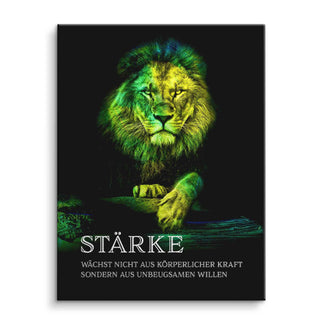 Motivationsbild Leinwand mit farbigem Löwen, Zitat über Stärke und Willenskraft