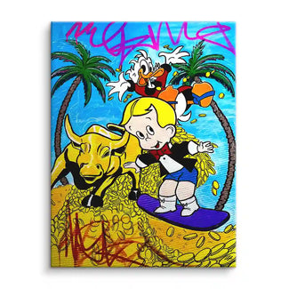 Buntes Wandbild mit Comicfiguren, Palmen und goldenen Münzen auf Canvas.