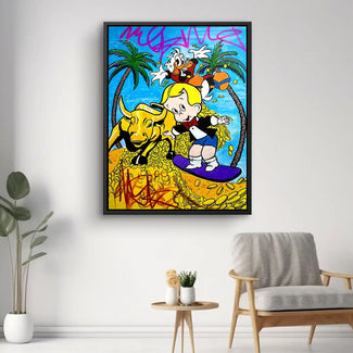 Pop Art Wandbild mit Comic-Figuren, Palme, goldenen Münzen und bunten Graffiti-Elementen