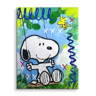 Buntes Wandbild mit fröhlichem Cartoon-Hund auf Schaukel, Sommerwiese, moderne Kunst