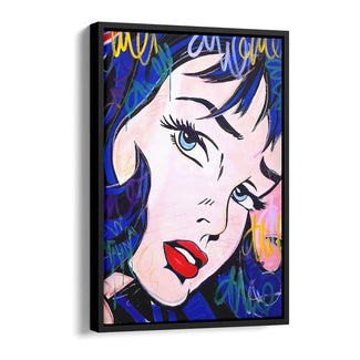 Pop Art Wandbild mit Frauengesicht, blauen Haaren, roten Lippen, bunter Graffiti-Stil, Schattenfugenrahmen