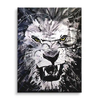 Modernes Wandbild Löwe schwarz weiß, abstrakte Kunst mit gelben Augen, ausdrucksstarkes Leinwandbild
