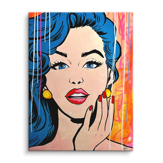 Pop Art Wandbild Frau mit blauen Haaren, rotem Lippenstift und orangem Hintergrund