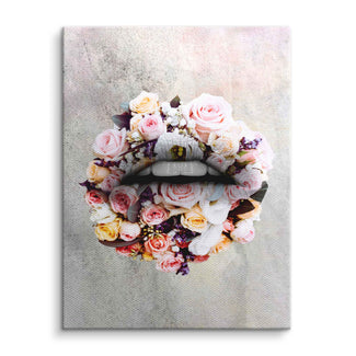 Modernes Wandbild mit Lippen aus bunten Blumen auf Leinwand, Pop Art Dekoration