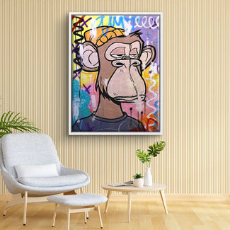 Modernes Wandbild mit stilisiertem Affenkopf im Pop Art Stil, bunte Graffiti-Elemente, Wohnzimmer