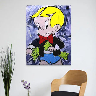 Pop Art Wandbild mit Cartoon-Junge, Geldscheinen und abstraktem Hintergrund an weißer Wand