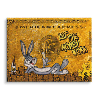 Comic-Kunstbild mit Bugs Bunny auf goldener Kreditkarte, Geldmünzen und Sektglas, Pop Art Stil