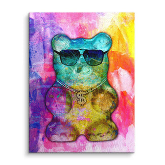 Pop Art Wandbild mit buntem Gummibär, Sonnenbrille und Dollar-Kette auf Leinwand