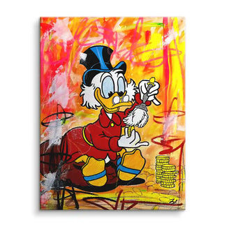 Buntes Wandbild mit Comic-Enterich, der Münzen reinigt, vor abstraktem Hintergrund