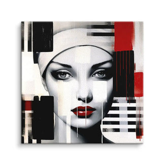 Modernes Wandbild einer Frau mit rotem Lippenstift, abstrakte Schwarz-Weiß-Rot Elemente