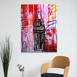 Modernes Wandbild mit Cola-Flasche, Graffiti-Stil, Pop Art, rote und bunte Farbakzente
