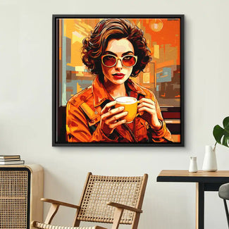 Modernes Wandbild mit Frau in Sonnenbrille und Kaffeetasse, stilvolle Pop Art in Orange-Tönen