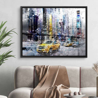Modernes Wandbild mit gelbem Taxi und Skyline im New York City Stil, Wohnzimmer Dekoration