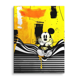 Modernes Pop Art Wandbild in Gelb mit Comic Figur und abstrakten Mustern auf Leinwand