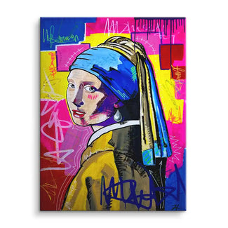 Modernes Wandbild mit Porträt einer Frau im Pop Art Stil, bunte Graffiti-Elemente
