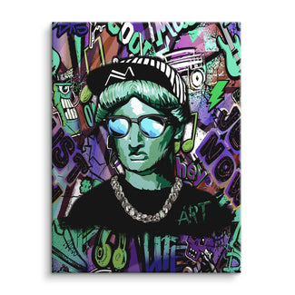 Pop Art Wandbild mit grünem Typ, Sonnenbrille und Cap vor buntem Graffiti-Hintergrund