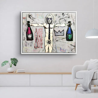 Modernes Wandbild mit Da Vinci-Motiv, Graffiti-Elementen und Champagnerflaschen, Wohnzimmer