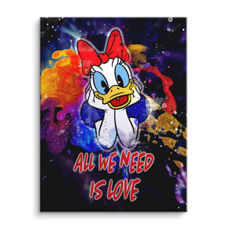 Leinwandbild mit bunter Ente, roter Schleife und Spruch 'All we need is love', Pop Art Design
