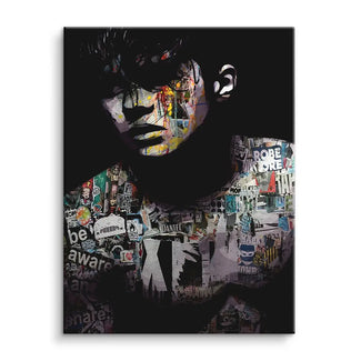 Modernes Wandbild mit Porträt, buntes Street-Art Design auf dunklem Hintergrund, Collage-Stil
