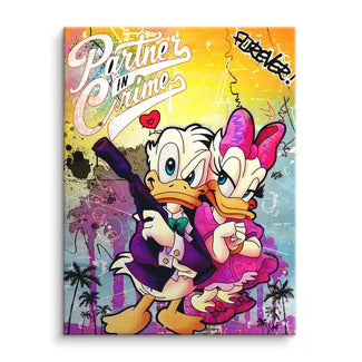 Comic-Wandbild mit Entepaar im Gangster-Look, Palmen, bunte Graffiti-Optik, Pop Art