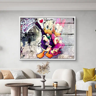 Wandbild mit Cartoon-Entenpaar im Retro-Comicstil, moderner Kunst-Look, Wohnzimmerdeko