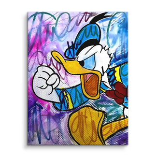 Comic Wandbild mit wütender Ente im Pop Art Stil, bunte Graffiti-Elemente im Hintergrund